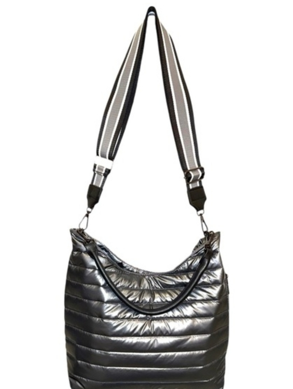 THINK ROYLN Quilted Puffer Hobo Shoulder Bag Crossbody Handbag Metallic Gunmetal